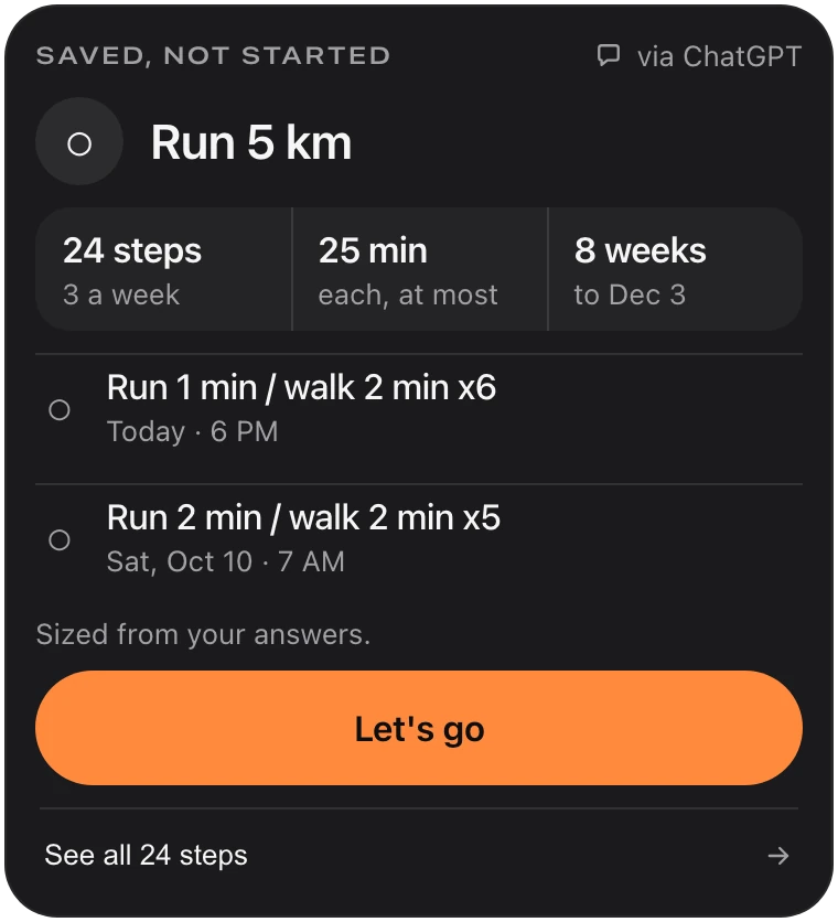 The Petipa card in the chat: Run 5 km, 24 steps, 3 a week for 8 weeks, the first run today at 6 PM, with See all 24 steps and Let's go.