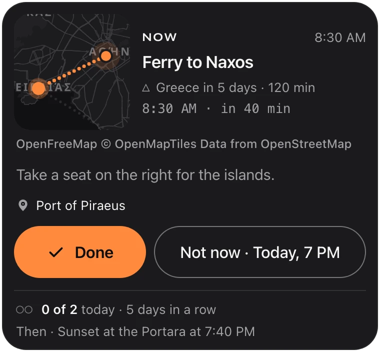 Today's step in the chat: Ferry to Naxos at 8:30 AM, with its leg on a map, Done, and Not now.