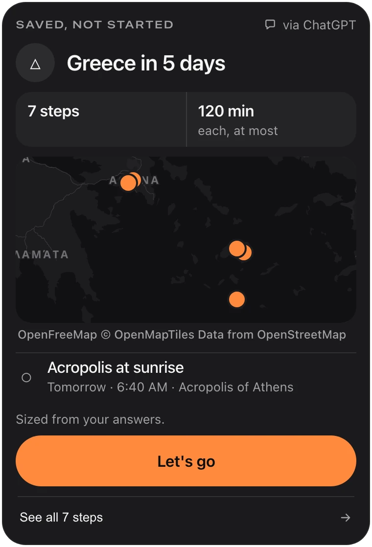 The Petipa card in the chat: Greece in 5 days, 7 steps on a map from Athens to Santorini, the first one tomorrow at 6:40 AM, with See all 7 steps and Let's go.