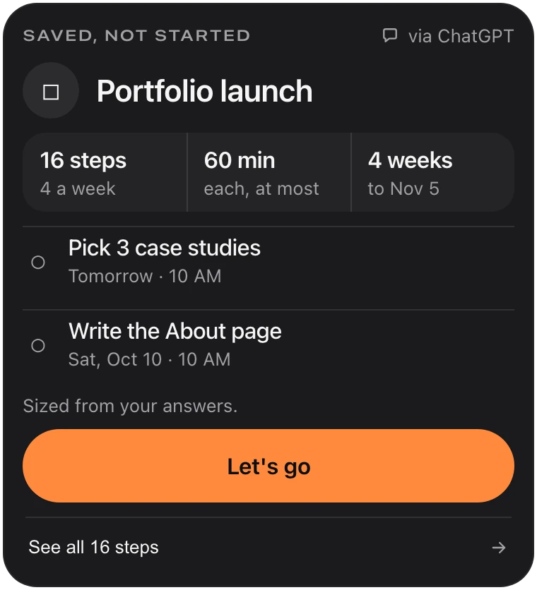 The Petipa card in the chat: Portfolio launch, 16 steps, 4 a week for 4 weeks to Nov 5, the first one tomorrow at 10 AM, with See all 16 steps and Let's go.